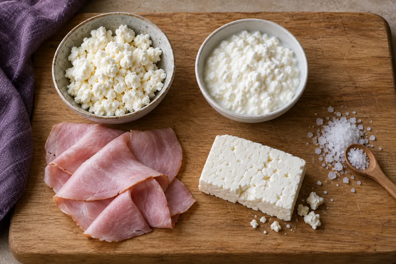 Fa vágódeszkán egymás mellett egy tál morzsás túró, egy tál cottage cheese, néhány szelet sonka, egy kocka feta sajt és egy kis kupac szemcsés só. Mesterséges intelligenciával generált kép.