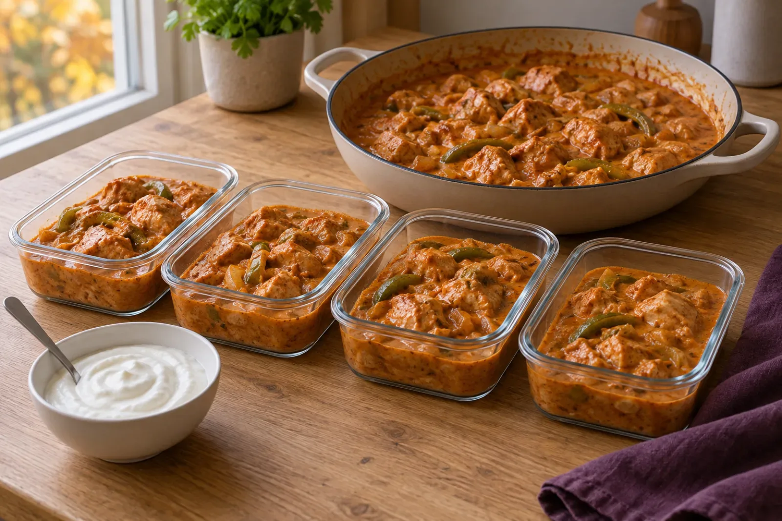 Széles lábasban paprikás csirke krémes, téglavörös szaftban zöldpaprika-csíkokkal, előtte négy üvegdobozban egyforma adagok és egy kis tál natúr joghurt. Mesterséges intelligenciával generált kép.