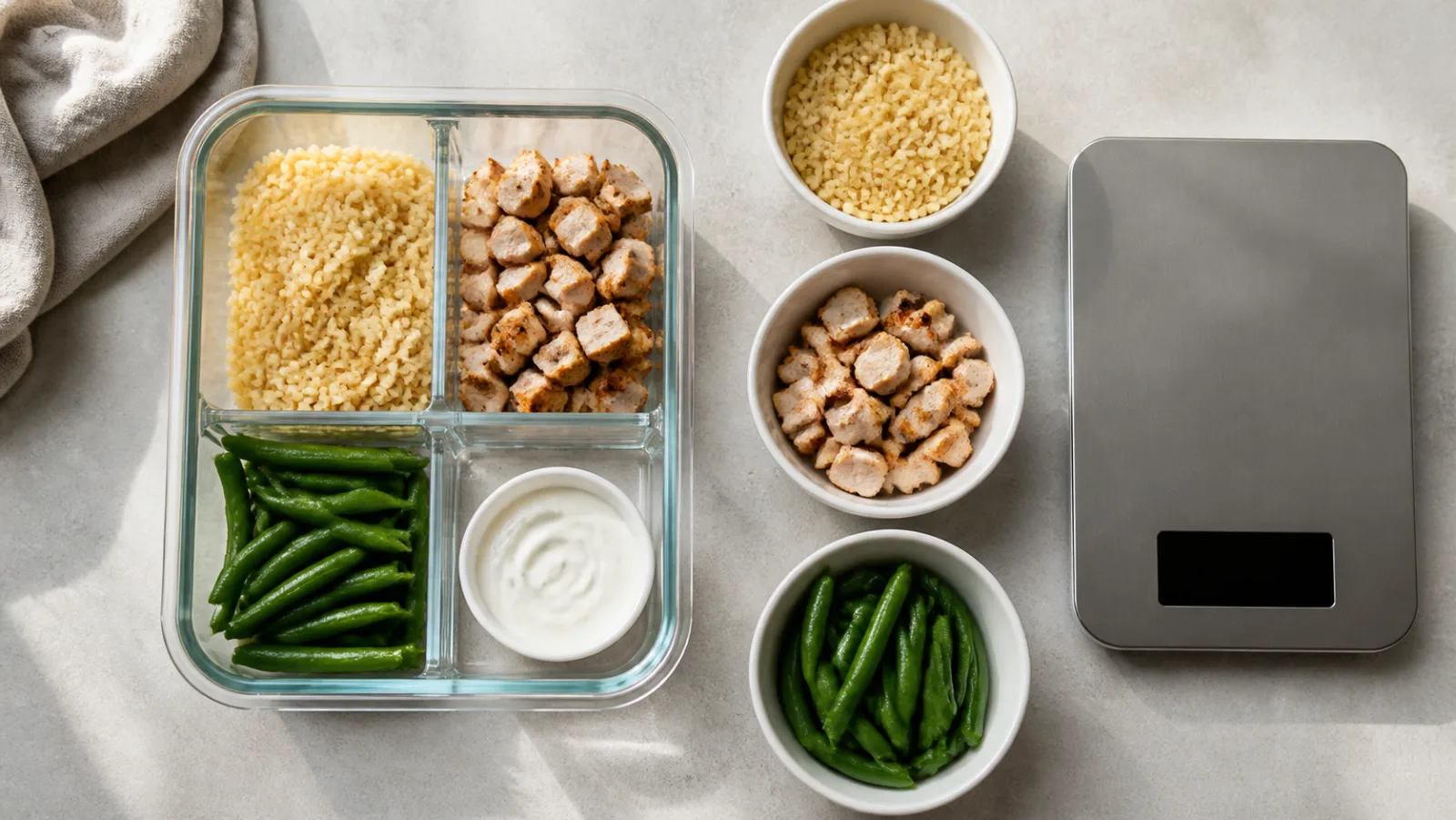 Felülnézetből négy rekeszes üveg meal prep doboz bulgurral, csirkekockákkal, zöldbabbal és külön kis tálkában joghurtos szósszal, mellette ugyanezek a komponensek három külön fehér tálkában, jobbra kikapcsolt kijelzős digitális mérleg.
