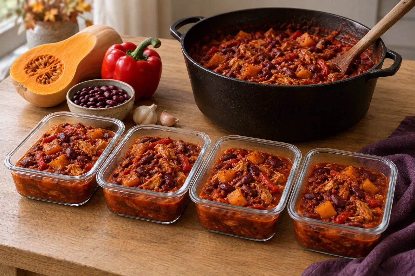 Öntöttvas lábasban sűrű, piros csirkés-babos chili sütőtökkockákkal és paprikacsíkokkal, előtte négy üvegdobozban egyforma adagok, mellette félbevágott sütőtök, piros paprika, vörösbab és fokhagyma. Mesterséges intelligenciával generált kép.